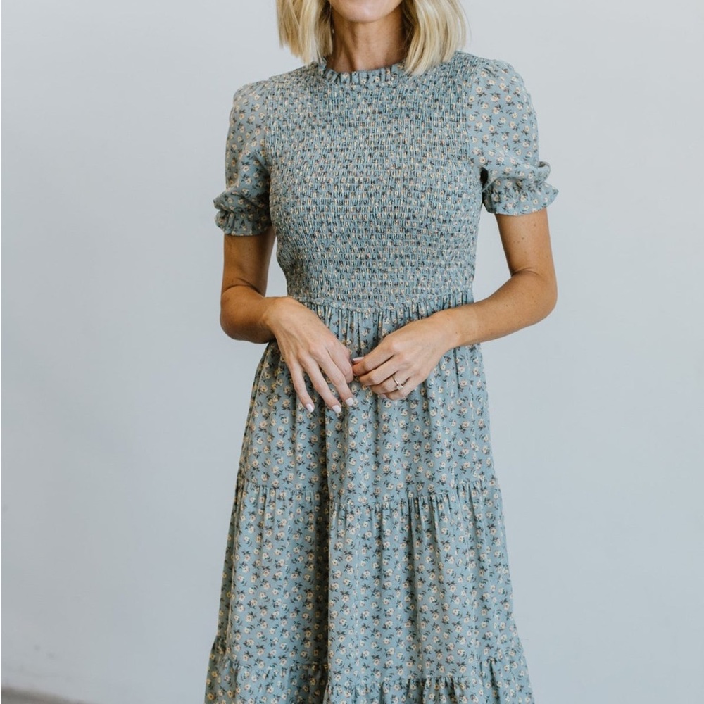 BLATIC BORN: Skylar Smocked Midi Dress | Blue Floral